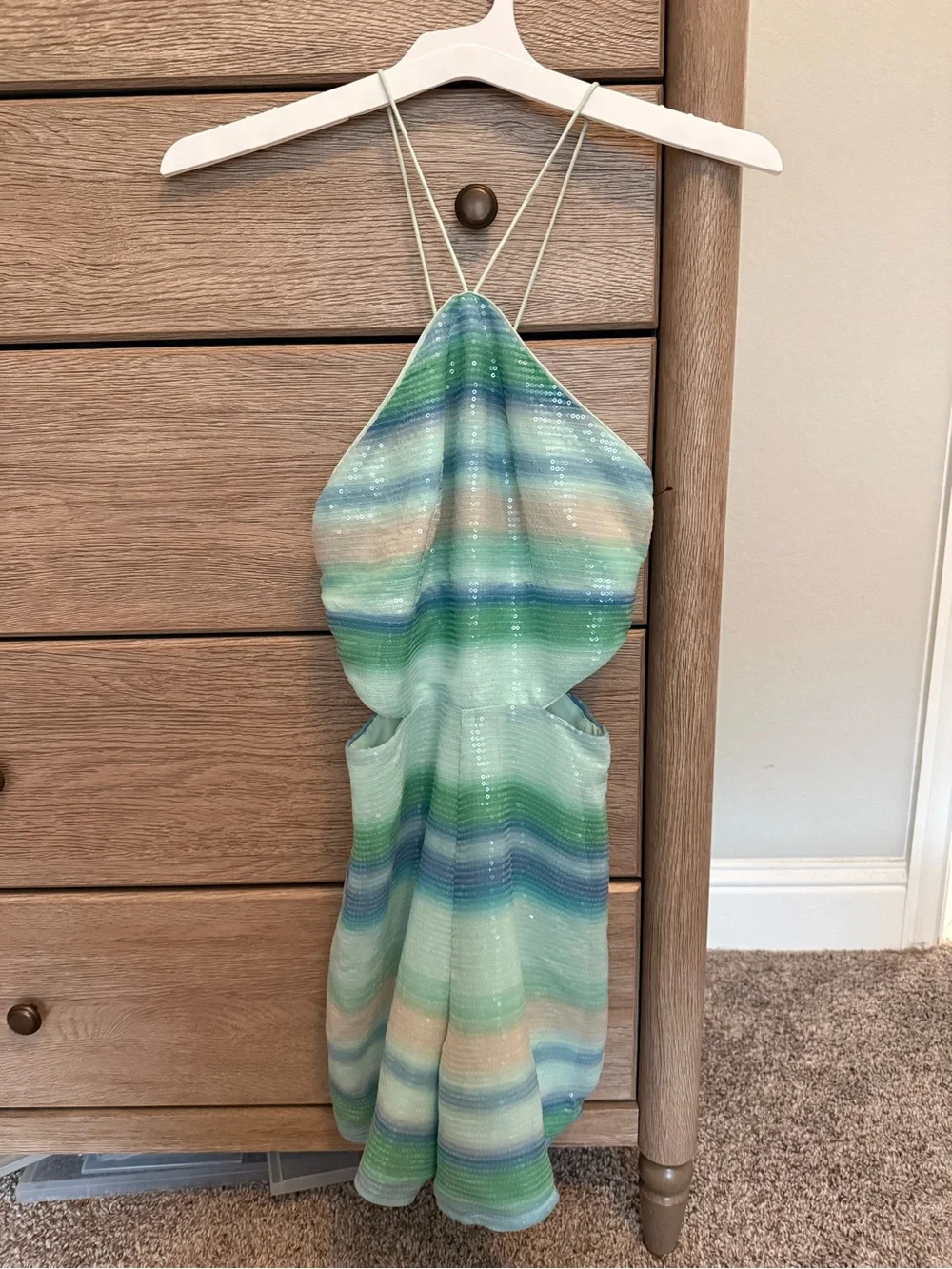 New Free People Striped Sequin Cutout Romper in Aqua & Blue